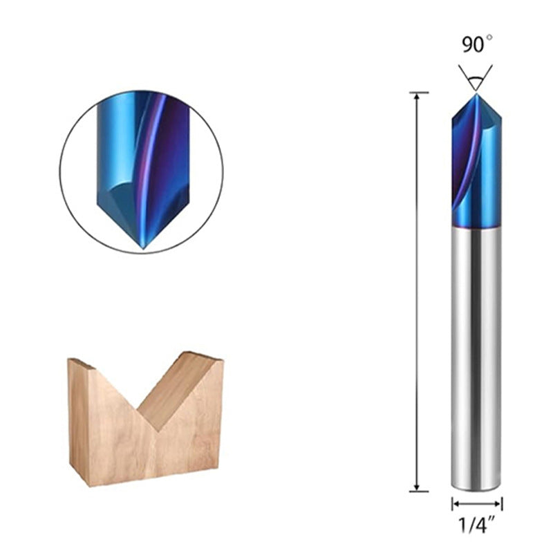 1/4" Shank CNC Wood Carving Router Bit Tungsten Carbide Nano Blue Coating for V-Groove Chamfering and Engraving