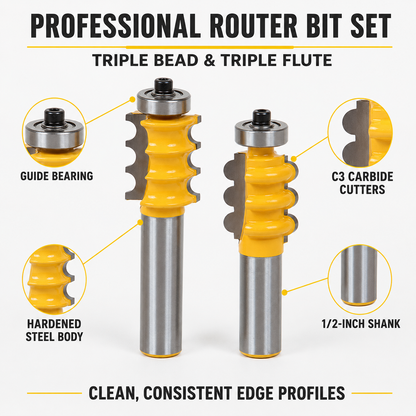 2-Piece Triple Bead & Flute Router Bit Set, 1/2-Inch Shank for Woodworking