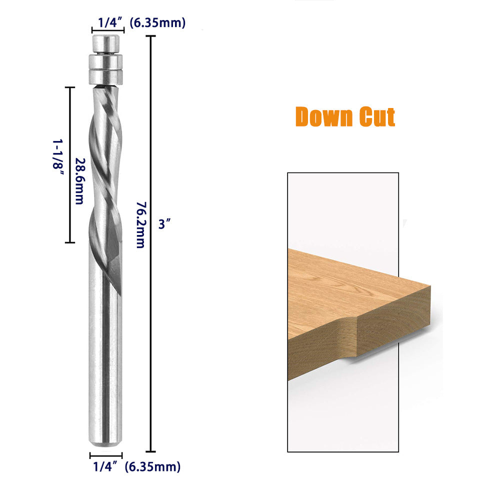 3 Pcs 1/4'' Tungsten Carbide Spiral Flush Trim Router Bit Set for End Mill Cutter with Bearing for Profiling Up/Down Spinning Compound