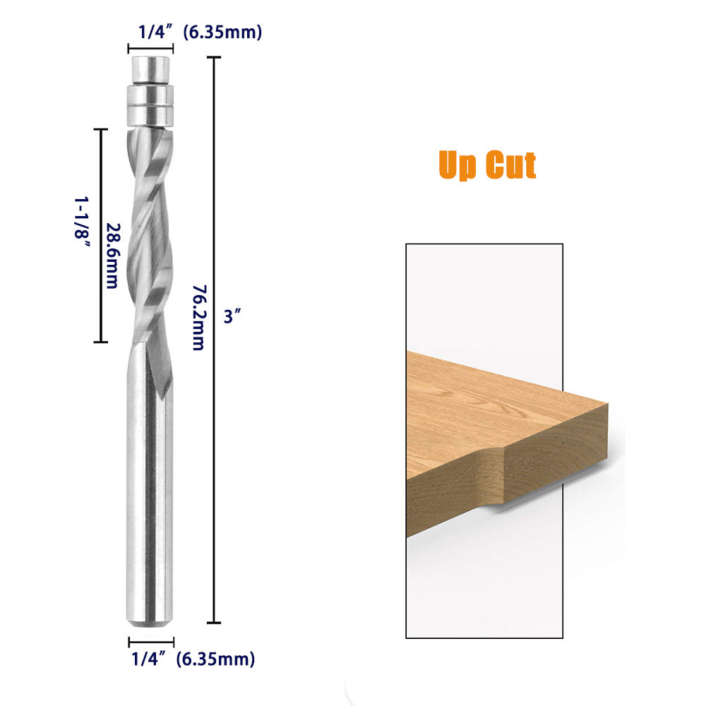 3 Pcs 1/4'' Tungsten Carbide Spiral Flush Trim Router Bit Set for End Mill Cutter with Bearing for Profiling Up/Down Spinning Compound