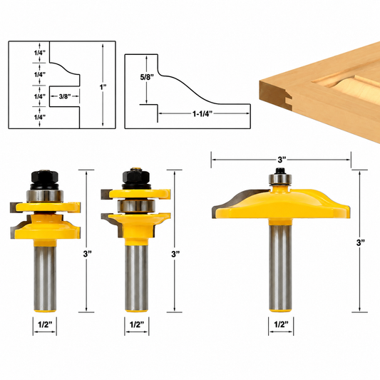 Ogee 3 Bit 1/2" Shank Raised Panel Cabinet Door Router Bit Set