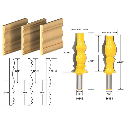Reversible 2 Bit Reversible Crown Molding 1/2" Shank Router Bit Set