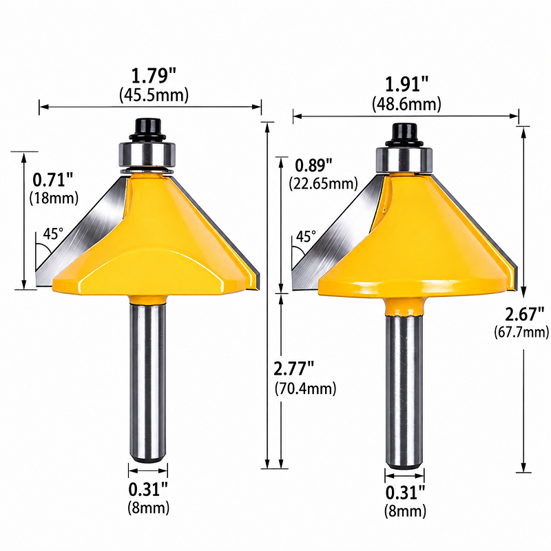 2PCS 45 Degree Chamfer Router Bit Set Carbide Tipped Edge Trimming Bits for Woodworking