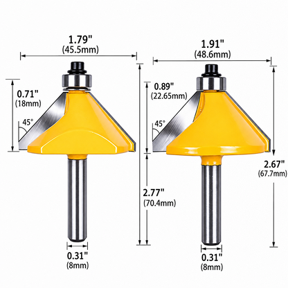 2PCS 45 Degree Chamfer Router Bit Set Carbide Tipped Edge Trimming Bits for Woodworking