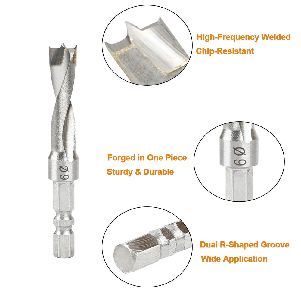 Hexagonal Handle Drill Bit 6.5/8/9/10/12mm Three-Point Carbide Blade Woodworking Drill for Wood Plastic Metal