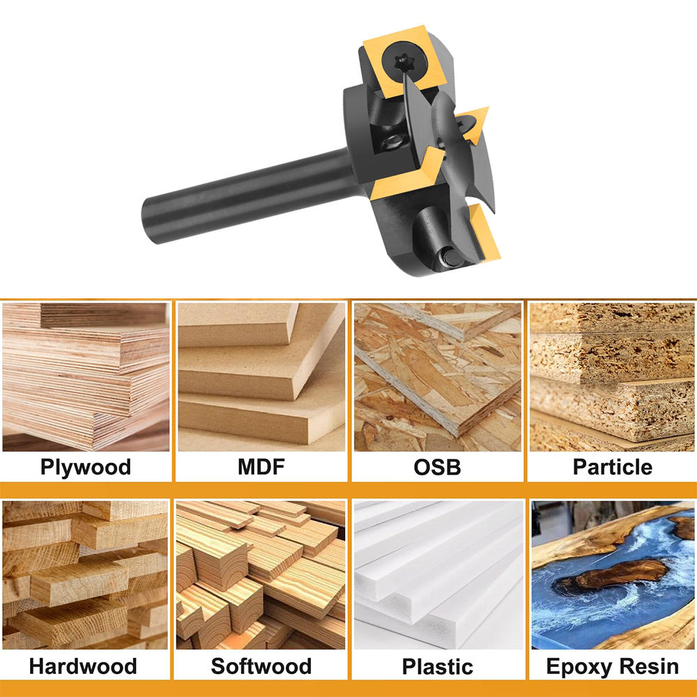 4-Wing Indexable Planer Bit with 8 Replaceable Carbide Inserts for CNC and Handheld Wood Surfacing