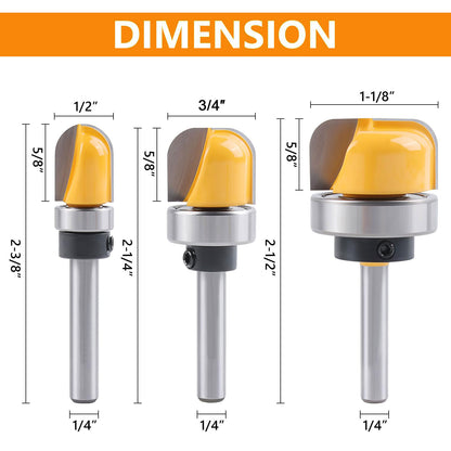 3Pcs Bowl & Tray Template Router Bit Set, 1/4″ Shank Carbide Round Nose with Bearing