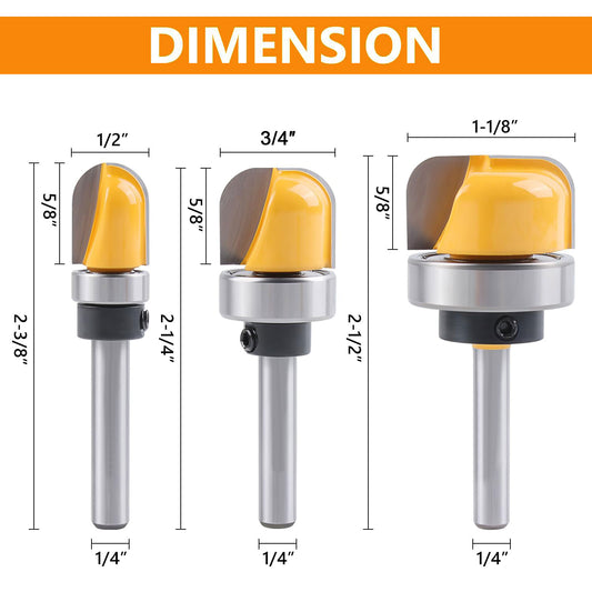 3Pcs Bowl & Tray Template Router Bit Set, 1/4″ Shank Carbide Round Nose with Bearing