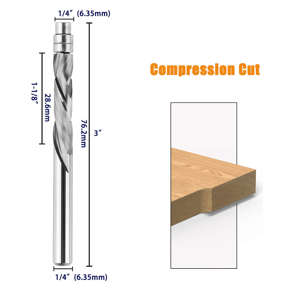 3 Pcs 1/4'' Tungsten Carbide Spiral Flush Trim Router Bit Set for End Mill Cutter with Bearing for Profiling Up/Down Spinning Compound