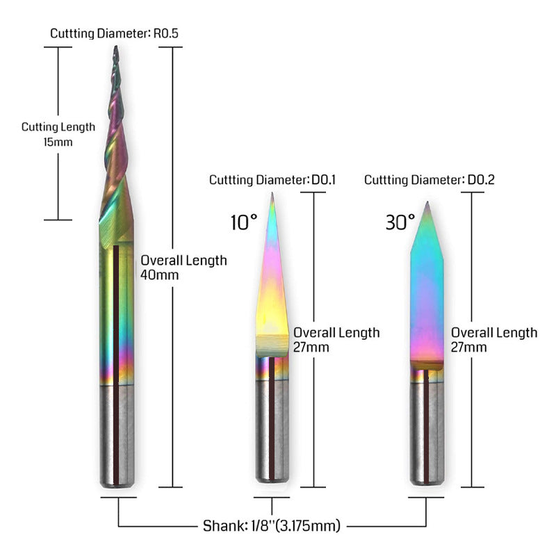 3PCS V-Shape Tapered Ball Nose End Mills for CNC Engraving, 1/8" Shank, Chromatic Coating for Aluminum,Copper & Brass