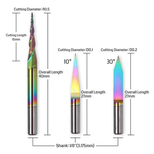 3PCS V-Shape Tapered Ball Nose End Mills for CNC Engraving, 1/8" Shank, Chromatic Coating for Aluminum,Copper & Brass