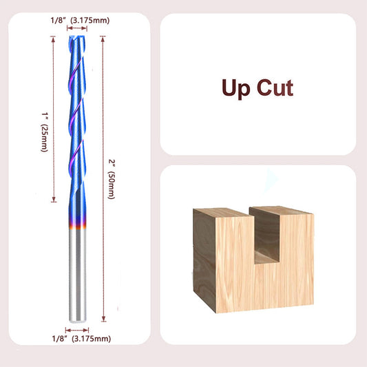 1/8" Shank Nano Blue Coated Two Flute Spiral Upcut CNC End Mill Flat Nose Router Bit for Wood MDF PVC Acrylic