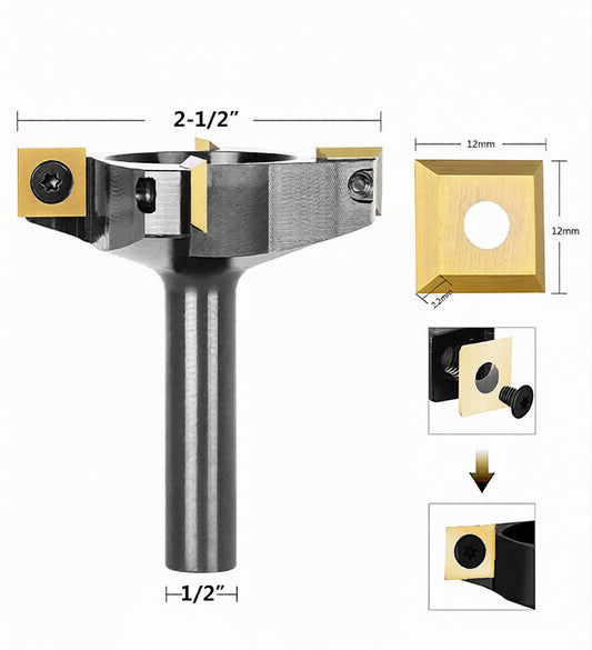 CNC Spoilboard Surfacing Router Bit 1/2" Shank 2-1/2" Cutting Diameter 4-Wing Coated Carbide Insert Flatting Planing Bit Woodworking Tools