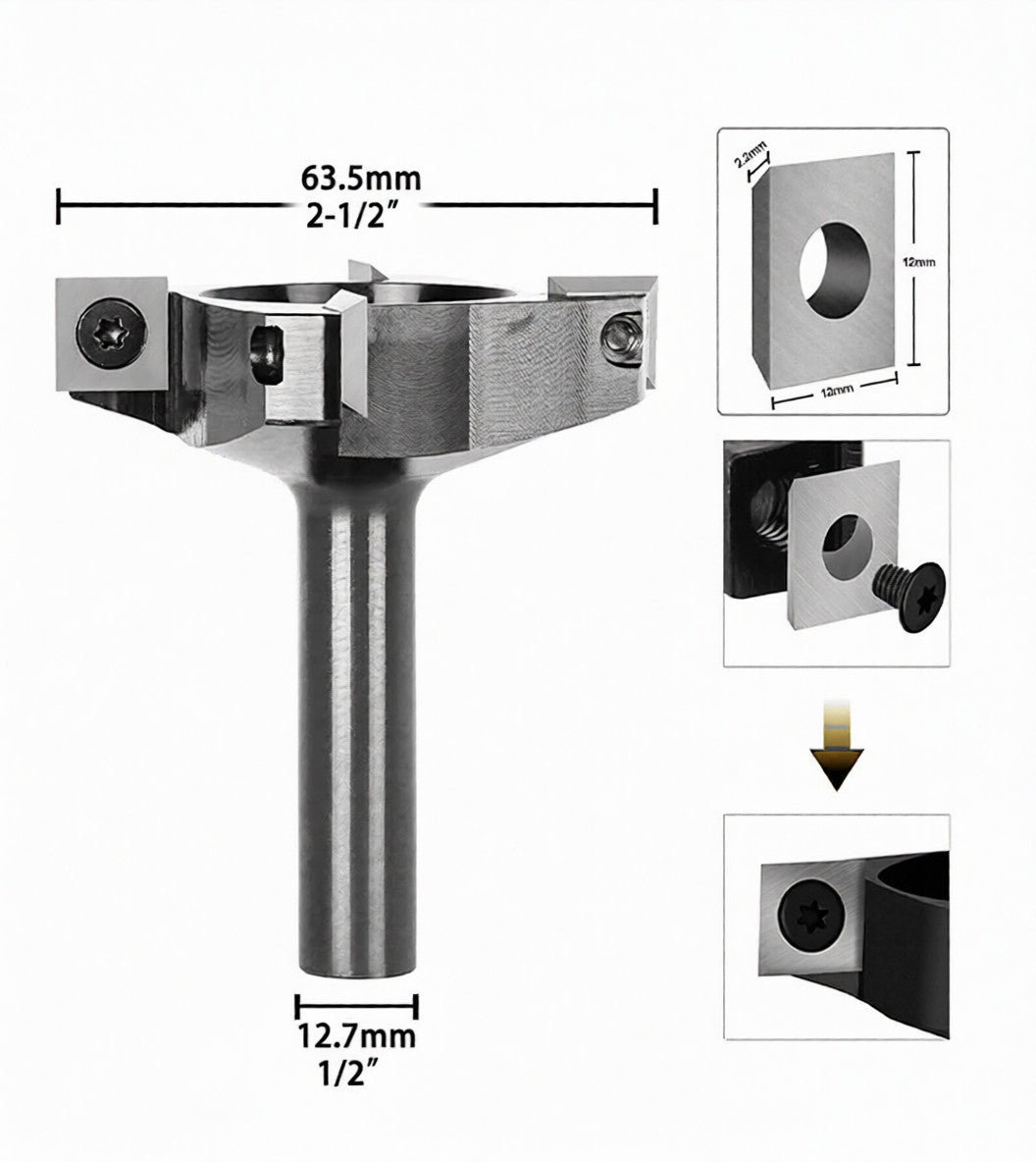 CNC Spoilboard Surfacing Router Bit 1/2" Shank 2-1/2" Cutting Diameter 4-Wing Coated Carbide Insert Flatting Planing Bit Woodworking Tools