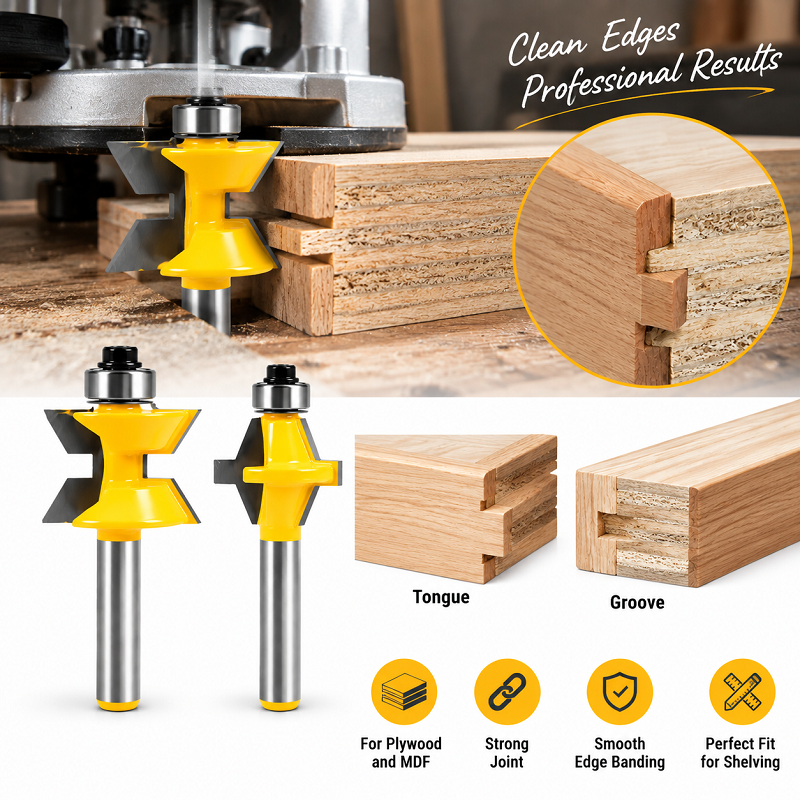 2 Piece Edge Banding Tongue and Groove Router Bit Set, 1/4" Shank for Plywood and MDF