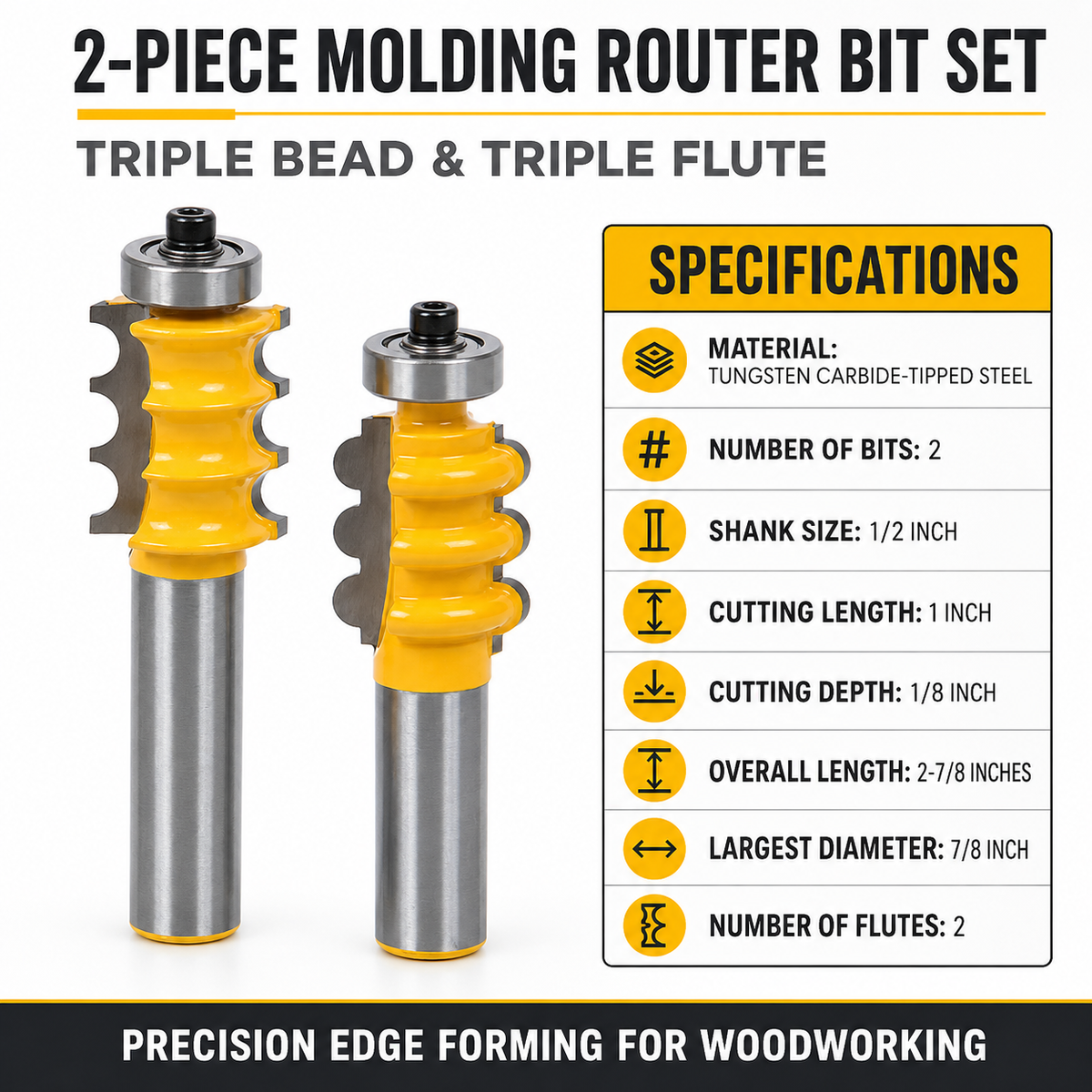 2-Piece Triple Bead & Flute Router Bit Set, 1/2-Inch Shank for Woodworking