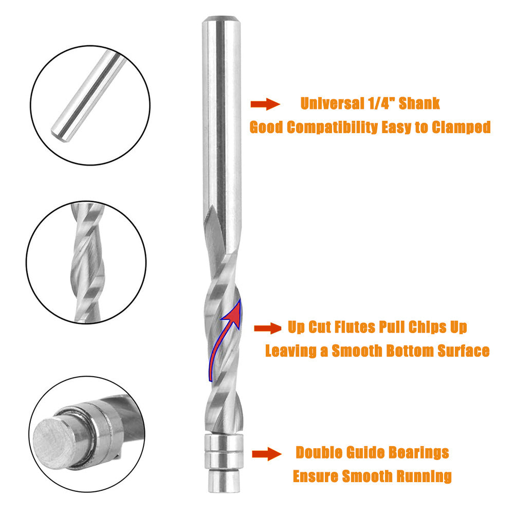 3 Pcs 1/4'' Tungsten Carbide Spiral Flush Trim Router Bit Set for End Mill Cutter with Bearing for Profiling Up/Down Spinning Compound
