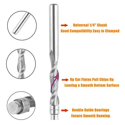 3 Pcs 1/4'' Tungsten Carbide Spiral Flush Trim Router Bit Set for End Mill Cutter with Bearing for Profiling Up/Down Spinning Compound