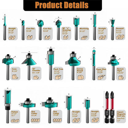 20 PCS 1/4”  Professional Carbide Milling Cutter Router Bits Set