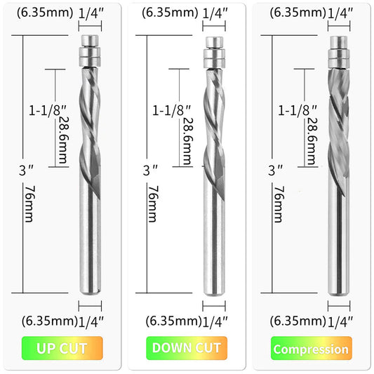 3 Pcs 1/4'' Tungsten Carbide Spiral Flush Trim Router Bit Set for End Mill Cutter with Bearing for Profiling Up/Down Spinning Compound
