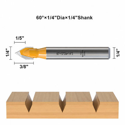 60 Degree V Groove Router Bit, 1/4" Shank, 1/4" Cutting Diameter, Carbide CNC Engraving Bit for Sign Making, Lettering & Wood Carving