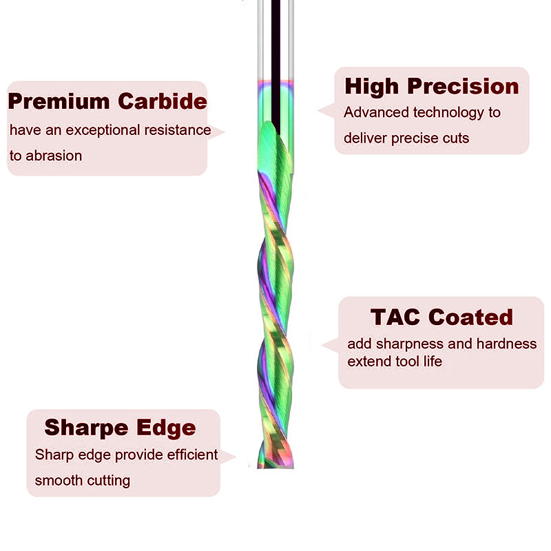 Downcut Spiral Router Bit, 2" Cutting Length, 4" Overall Length, TAC Coated Carbide CNC Router Bit for Wood Carving
