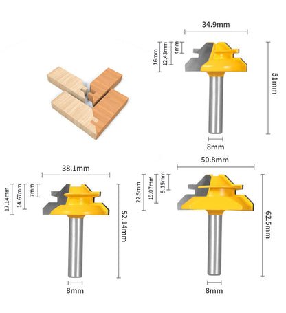 1PC or 3PCS 8mm Shank 45° Lock Miter Router Bit Tungsten Carbide Woodworking Milling Cutter