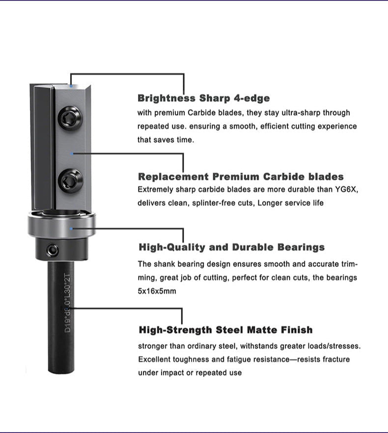 8mm Shank Flush Trim Router Bit CNC Wood with Replaceable Carbide Blades