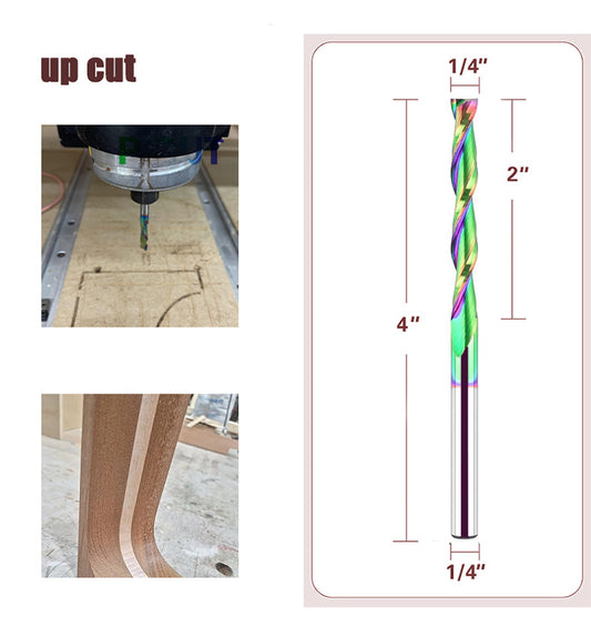 Upcut Spiral Router Bit, 2" Cutting Length, 4" Overall Length, TAC Coated Carbide CNC Router Bit for Wood Carving