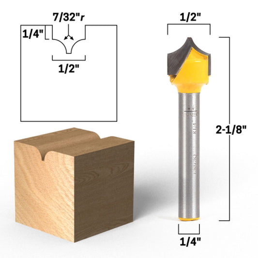 7/32" Radius Point Cutting Round Over Groove 1/4" Shank Router Bit