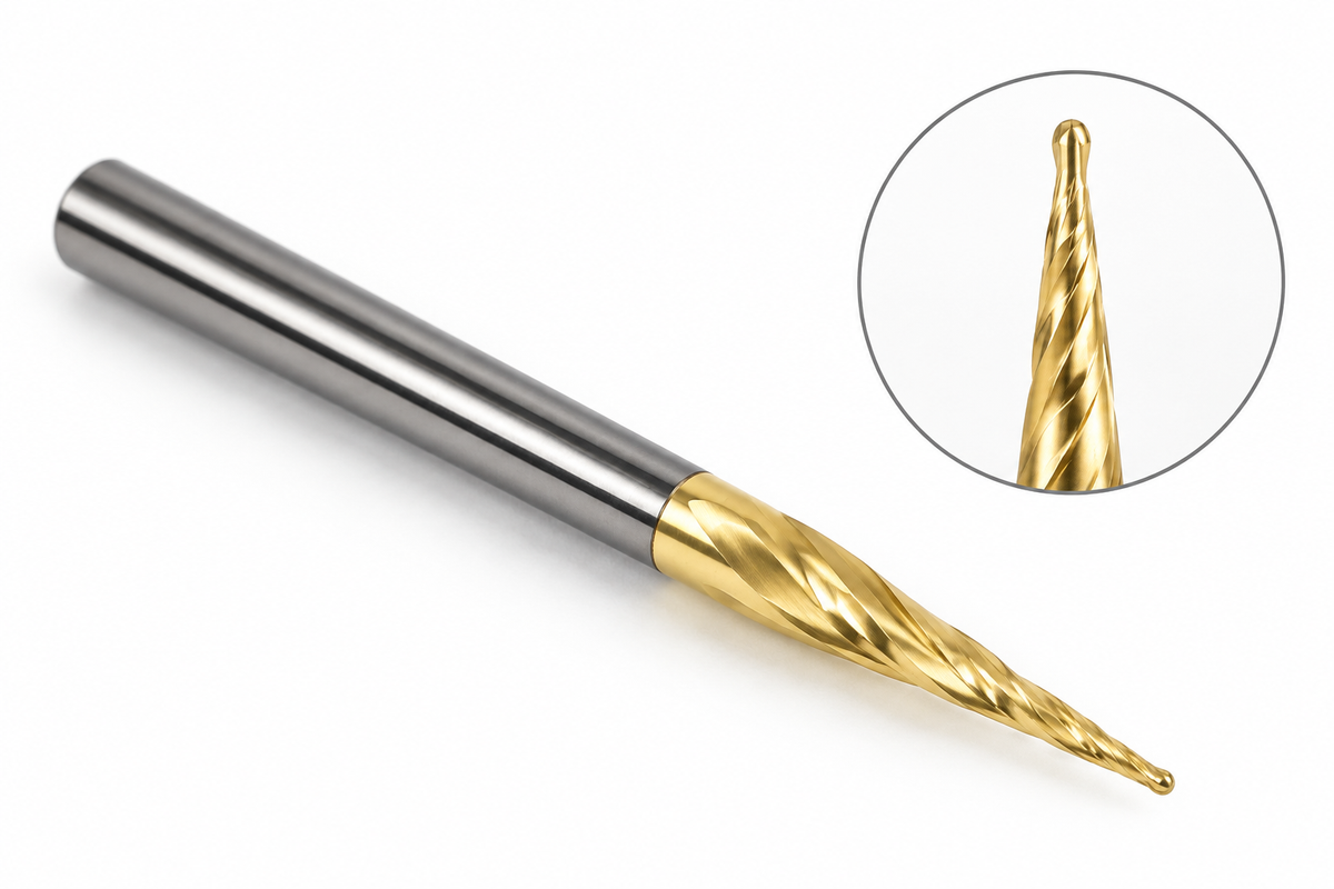 1/16" Tapered Ball Nose CNC Router Bit, ZrN Coated Solid Carbide End Mill for 3D Carving, 1/4" Shank