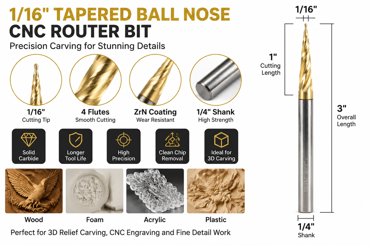 1/16" Tapered Ball Nose CNC Router Bit, ZrN Coated Solid Carbide End Mill for 3D Carving, 1/4" Shank
