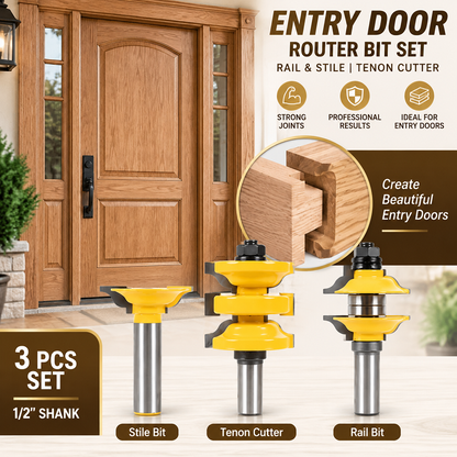 3 PCS Entry Door Router Bit Set with Tenon Cutter, 1/2" Shank Rail & Stile Bits