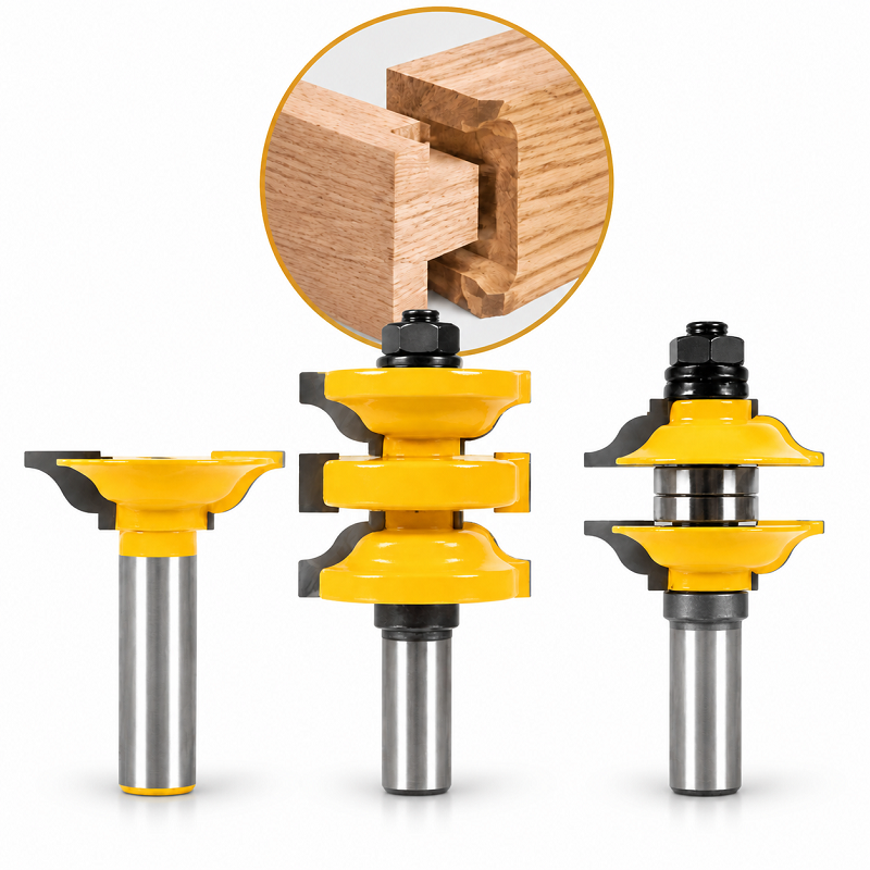 3 PCS Entry Door Router Bit Set with Tenon Cutter, 1/2" Shank Rail & Stile Bits