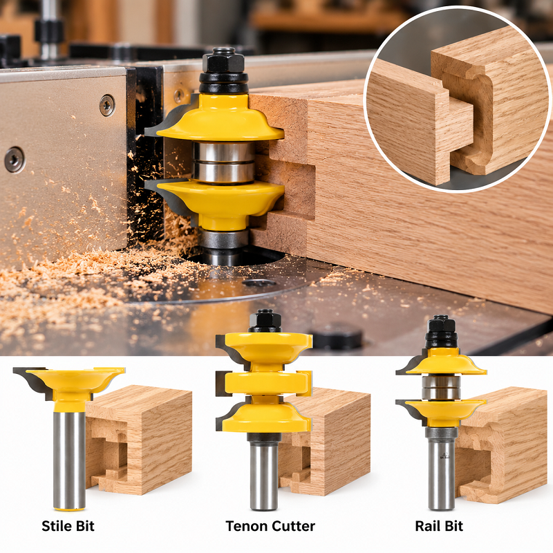 3 PCS Entry Door Router Bit Set with Tenon Cutter, 1/2" Shank Rail & Stile Bits