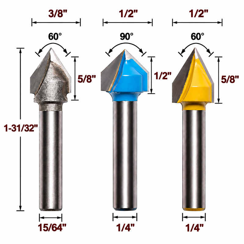 3 PCS V Groove Router Bit Set 60 & 90 Degree Carbide Tipped CNC Woodworking Engraving Bits