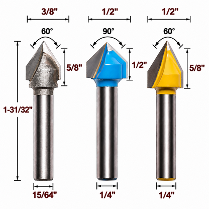 3 PCS V Groove Router Bit Set 60 & 90 Degree Carbide Tipped CNC Woodworking Engraving Bits
