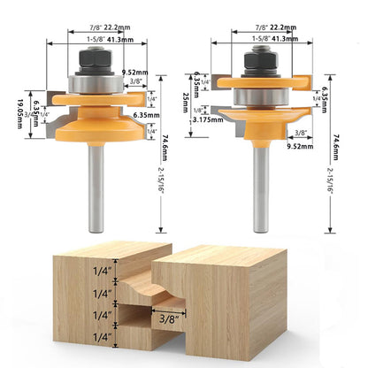 1/4" Shank Cabinet Door Router Bit Set – Tenon Cutter 1-5/8", Rail & Stile, Tongue & Groove for Cabinet Making