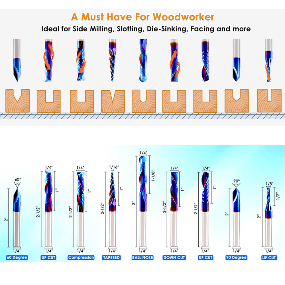 9PCS 1/4" Shank Tungsten Carbide CNC Router Bit Set – Woodworking Engraving & Trimming Tools for Grooving and Sign Making