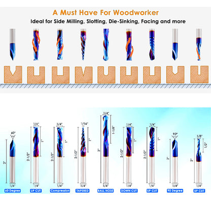 9PCS 1/4" Shank Tungsten Carbide CNC Router Bit Set – Woodworking Engraving & Trimming Tools for Grooving and Sign Making