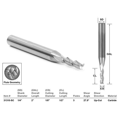 1/8" Upcut Solid Carbide CNC Router Bit, 1/4" Shank Spiral End Mill for Wood Carving, Milling & Engraving