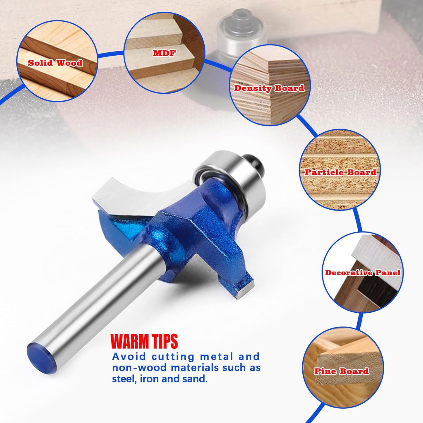 6Pcs Roundover Router Bits 1/4" Shank – Carbide Tip Edge Rounding with Bearing Guide