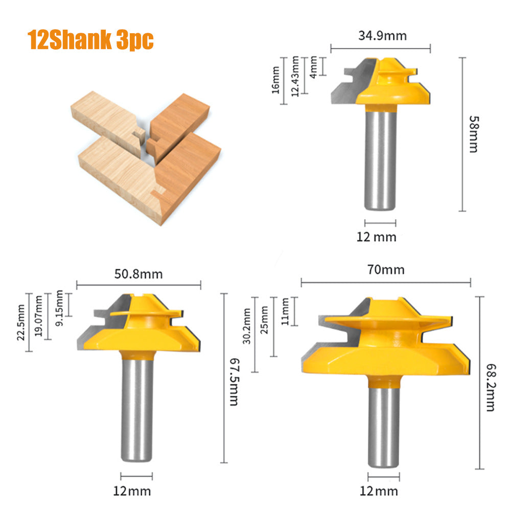 1PC or 3PCS 12mm Shank 45° Lock Miter Router Bit Tungsten Carbide Woodworking Milling Cutter