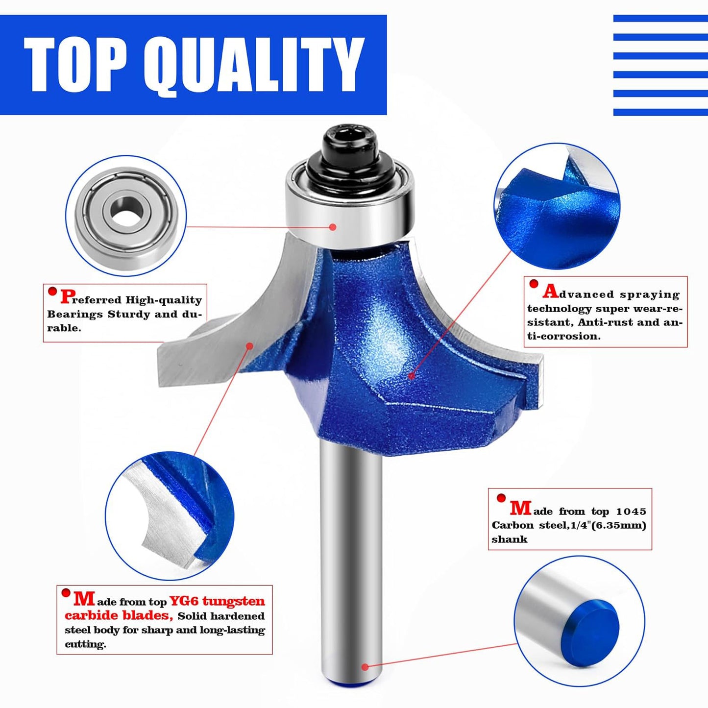 6Pcs Roundover Router Bits 1/4" Shank – Carbide Tip Edge Rounding with Bearing Guide