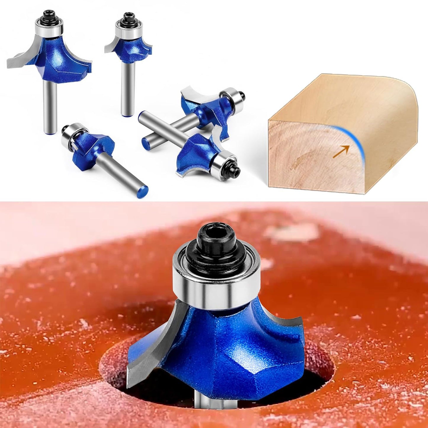 6Pcs Roundover Router Bits 1/4" Shank – Carbide Tip Edge Rounding with Bearing Guide