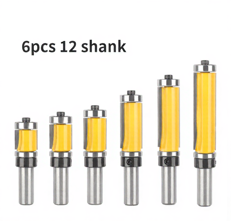 6 Pcs Flush Trim Router Bit Set with Top & Bottom Bearing, 3/4 Inch Cutting Diameter, 12mm Shank