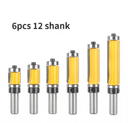 6 Pcs Flush Trim Router Bit Set with Top & Bottom Bearing, 3/4 Inch Cutting Diameter, 12mm Shank