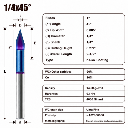 45 Degree V Groove Router Bit for CNC, Carbide CNC Carving Bit with 0.005" Tip Width, 1/4 Inch Shank for Engraving and Sign Making