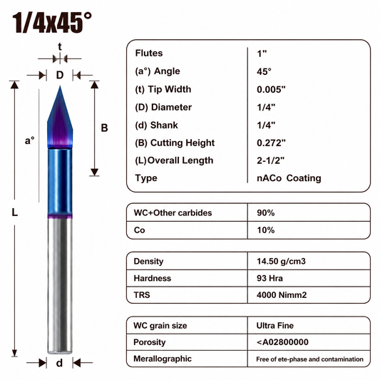 45 Degree V Groove Router Bit for CNC, Carbide CNC Carving Bit with 0.005" Tip Width, 1/4 Inch Shank for Engraving and Sign Making