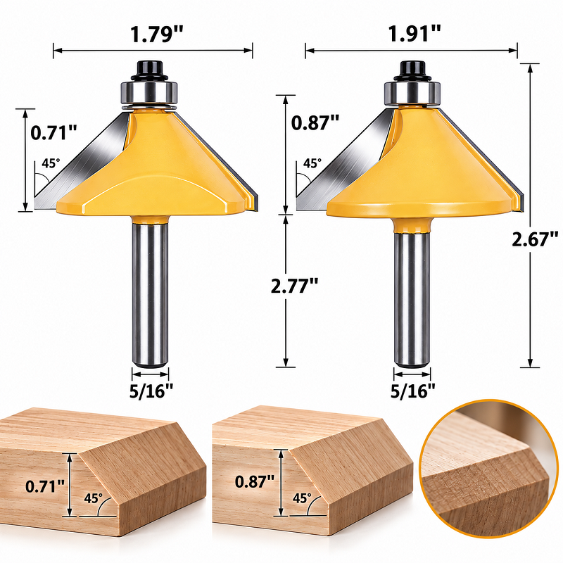 2PCS 45 Degree Chamfer Router Bit Set Carbide Tipped Edge Trimming Bits for Woodworking